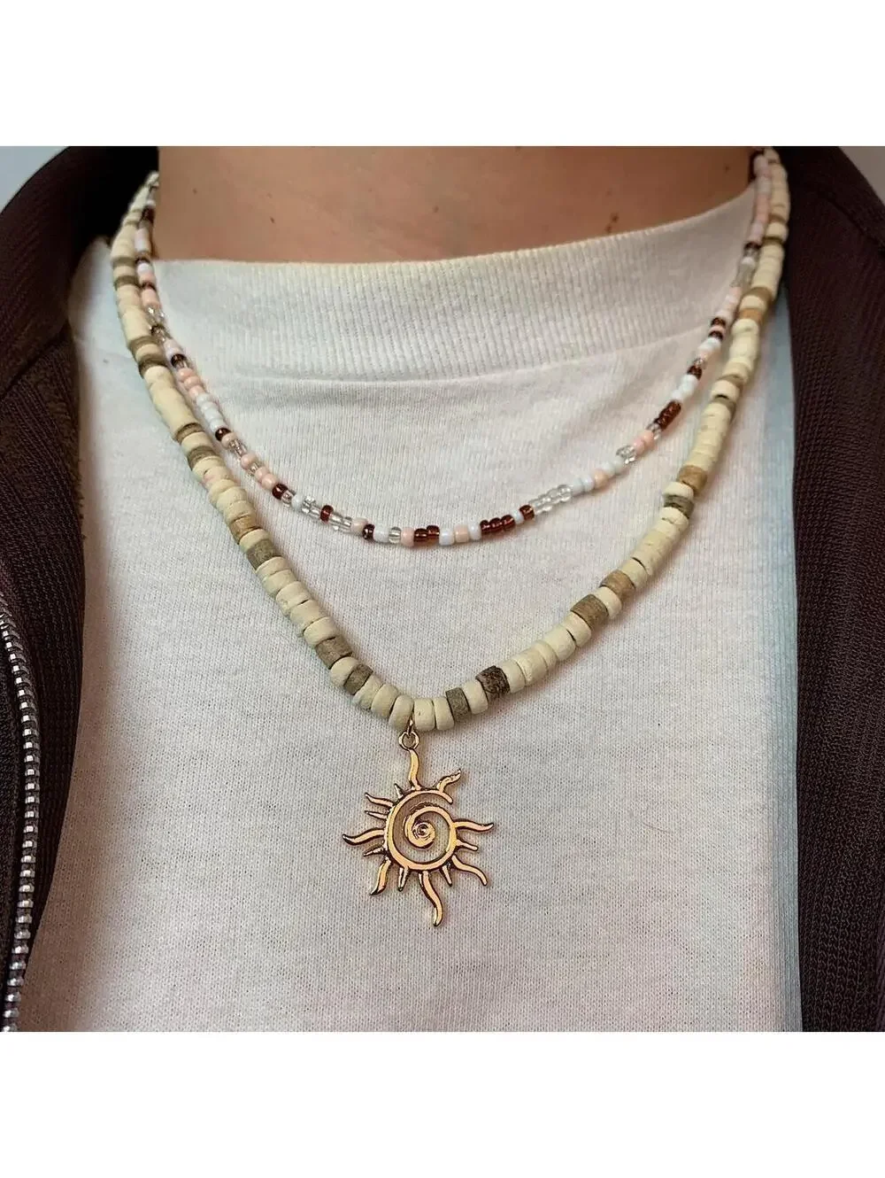 Y2k 2000s style Wood Beaded double layer Necklace with Cyber Star Sun Pendant. I
